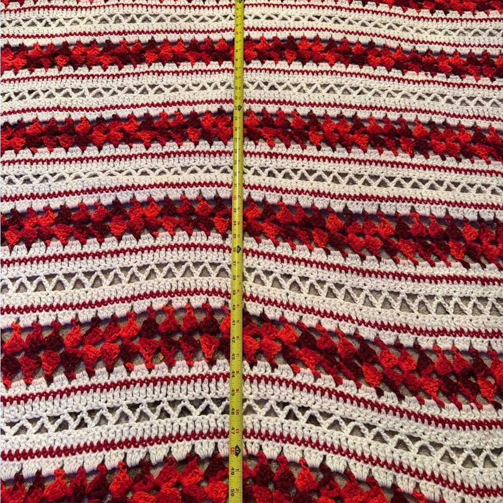 Handmade Crochet Throw Blanket - Cream and Red